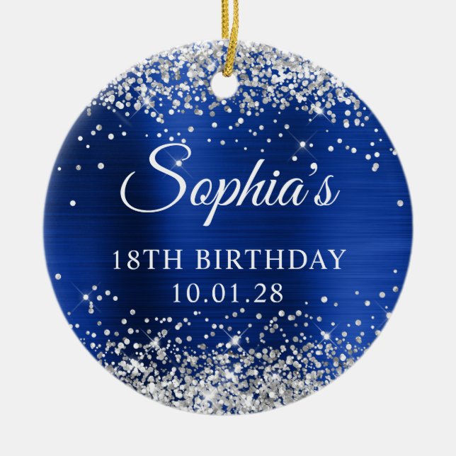 Silver Glitter Royal Navy Blue 18th Birthday Photo Ceramic Ornament (Front)