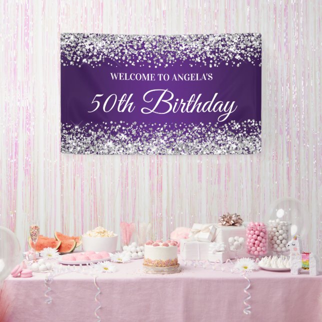 Silver Glitter Royal Purple 50th Birthday Welcome Banner (Party)