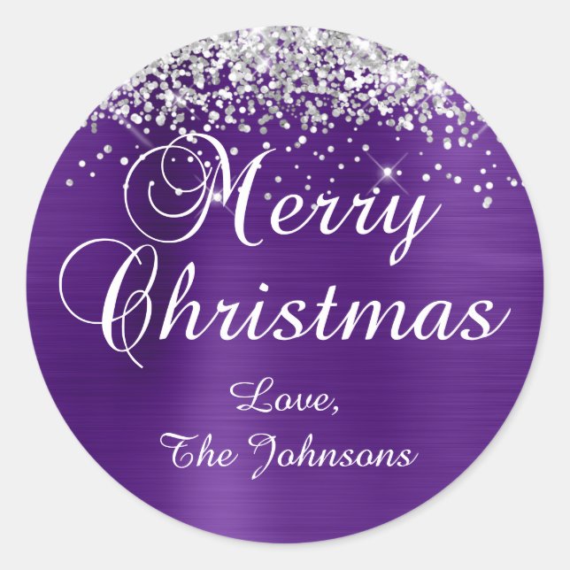 Silver Glitter Royal Purple Foil Merry Christmas Classic Round Sticker (Front)