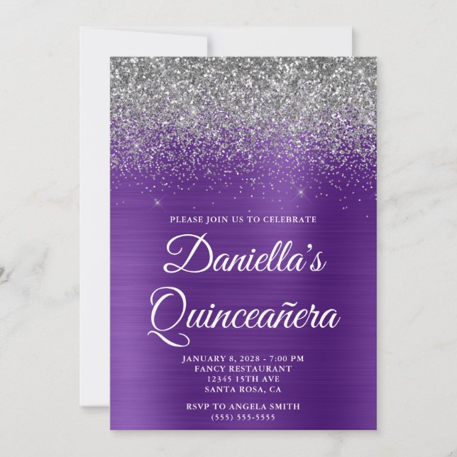 Silver Glitter Royal Purple Foil Quinceañera Invitation (Front)