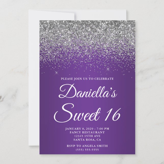 Silver Glitter Royal Purple Gradient Sweet 16 Invitation (Front)