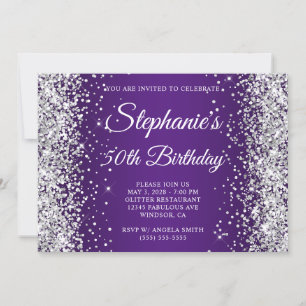 Silver Glitter Royal Purple Monogram 50th Birthday Invitation