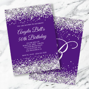 Silver Glitter Royal Purple Monogram 50th Birthday Invitation