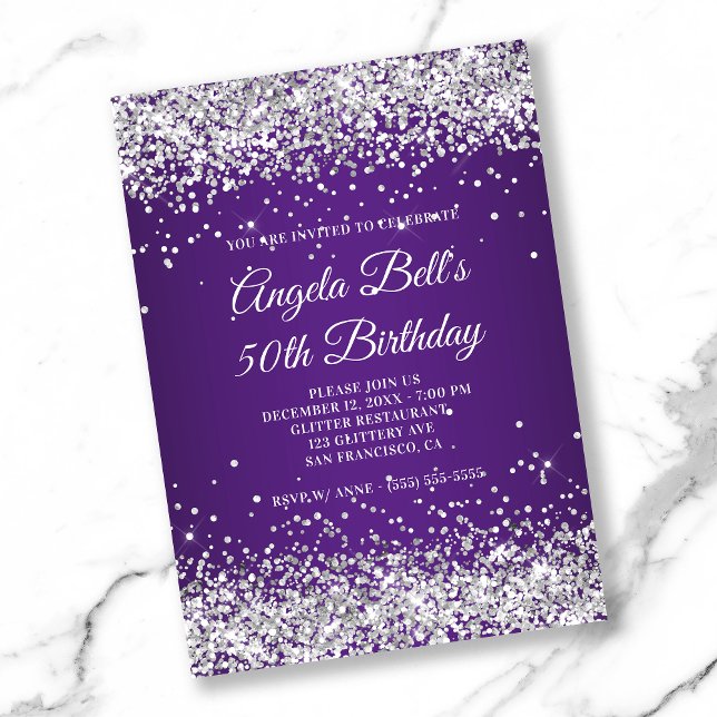 Silver Glitter Royal Purple Ombre 50th Birthday Invitation (Creator Uploaded)