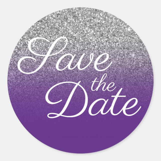 Silver Glitter Royal Purple Ombre Save the Date Classic Round Sticker (Front)