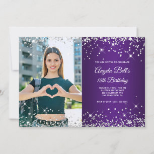 Silver Glitter Royal Purple Photo 18th Birthday Invitation