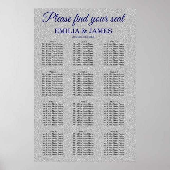 Silver Glitter, Royal Wedding Seating Chart (Front)