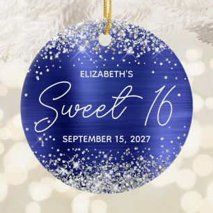 Silver Glitter Sapphire Blue Fancy Sweet 16 Photo Ceramic Ornament