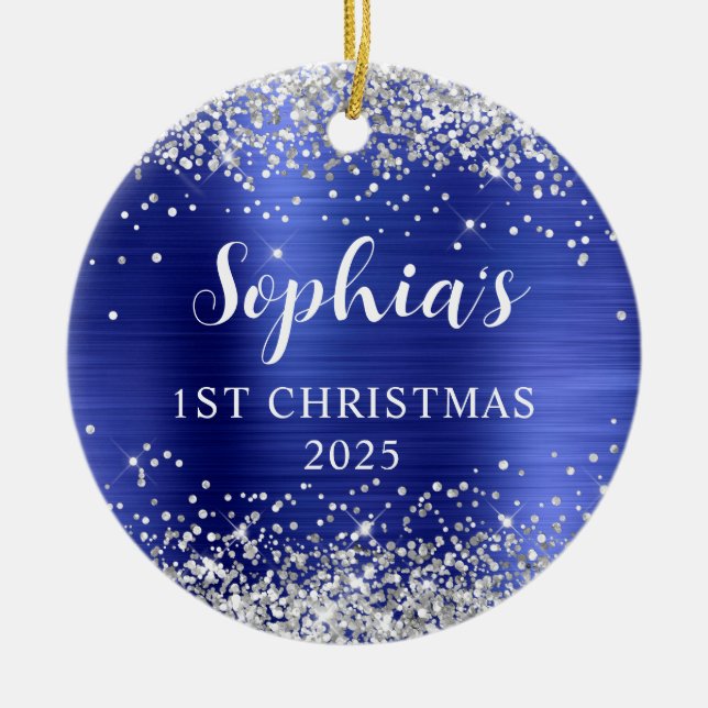 Silver Glitter Sapphire Foil 1st Christmas Photo Ceramic Ornament (Front)