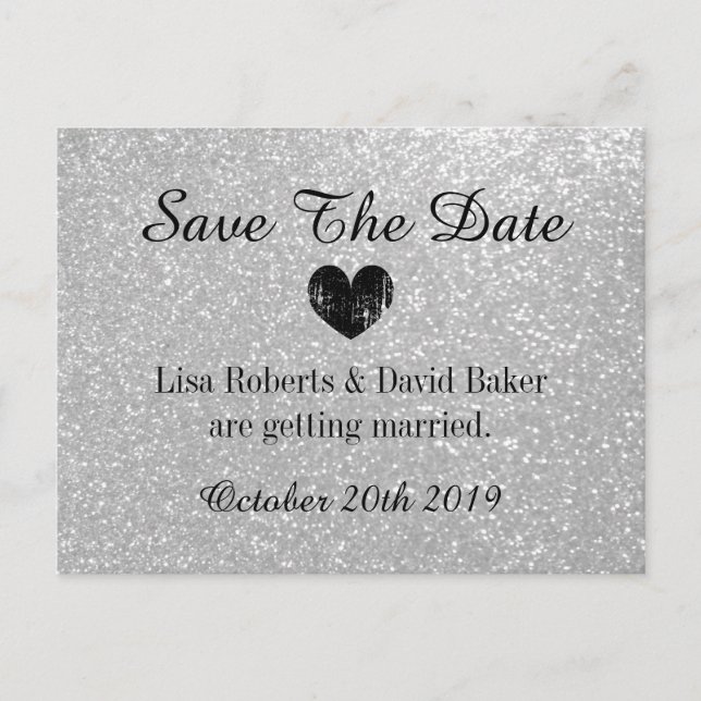 Silver glitter Save the date wedding postcard (Front)