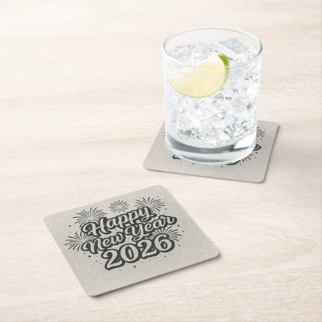 Silver Glitter Script & Black Happy New Year 2026 Square Paper Coaster (Insitu)