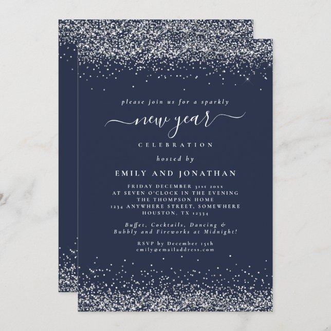 Silver Glitter Script Blue New Years Eve Party Invitation (Front/Back)