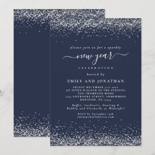 Silver Glitter Script Blue New Years Eve Party Invitation