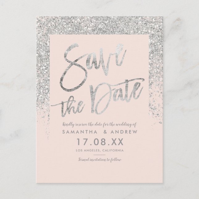 Silver glitter script blush pink save the date announcement postcard (Front)
