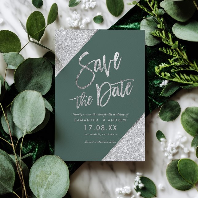 Silver glitter script emerald green save the date announcement postcard (Silver glitter script emerald green save the date announcement postcard)