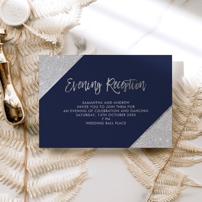 Silver glitter script navy blue evening reception enclosure card (Creator Uploaded)