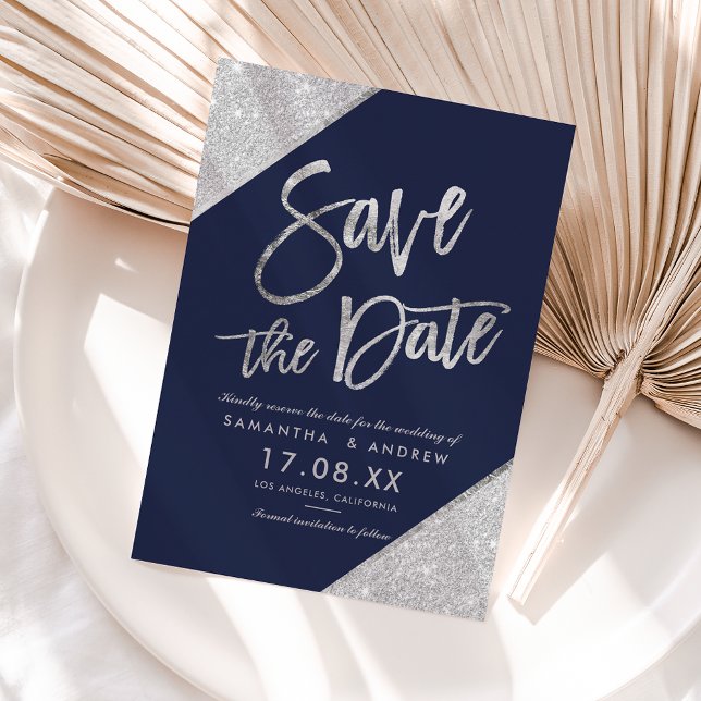 Silver glitter script navy blue save the date (Creator Uploaded)