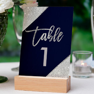 Silver glitter script navy blue table number