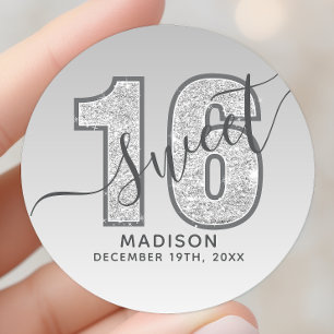 Silver Glitter Script Sweet 16 Birthday Classic Round Sticker