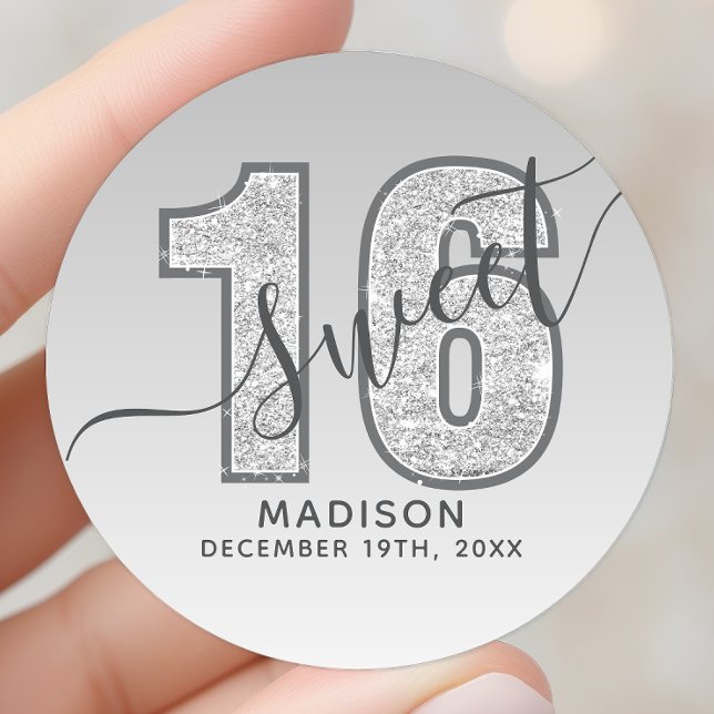 Silver Glitter Script Sweet 16 Birthday Classic Round Sticker (Creator Uploaded)