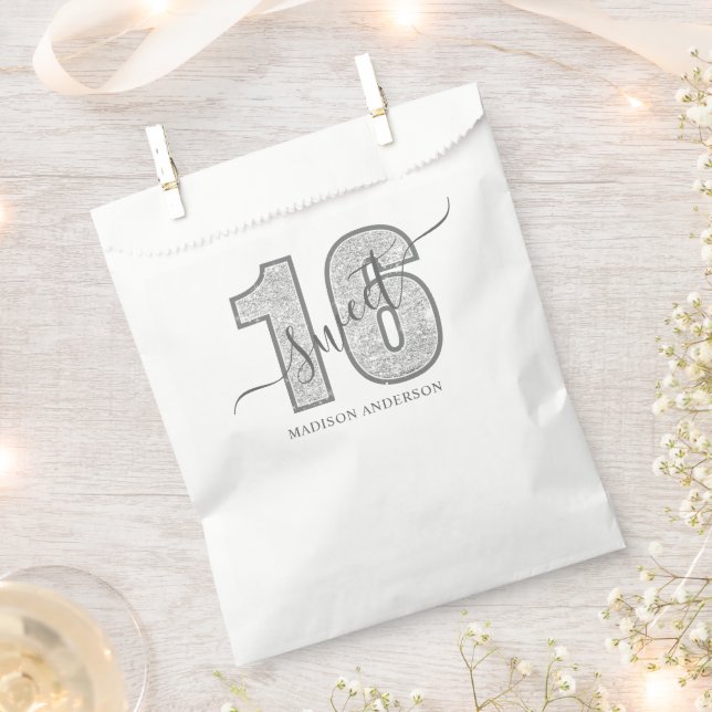 Silver Glitter Script Sweet 16 Birthday Favour Bag (Clipped)