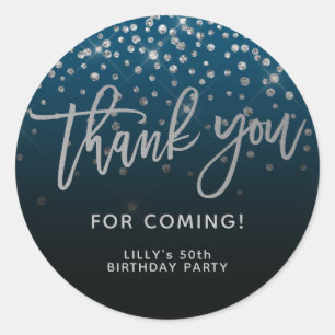 Silver Glitter Script Thank You For Coming Blue Classic Round Sticker