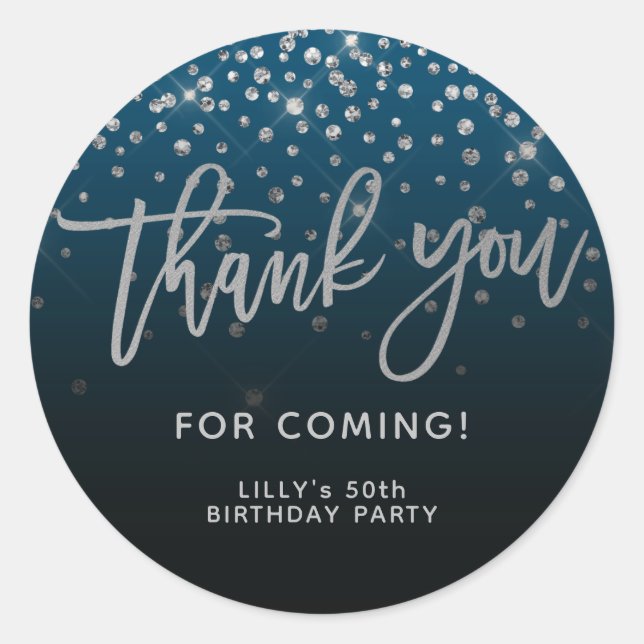 Silver Glitter Script Thank You For Coming Blue Classic Round Sticker (Front)