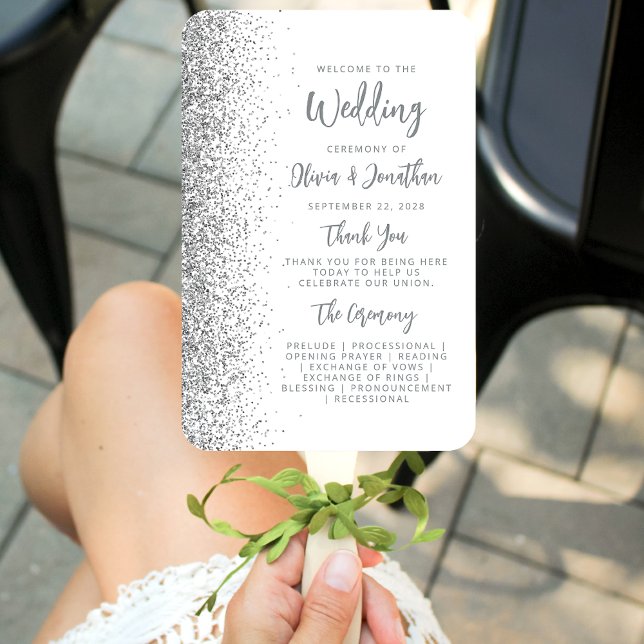 Silver Glitter Script White Wedding Program Hand Fan (Creator Uploaded)