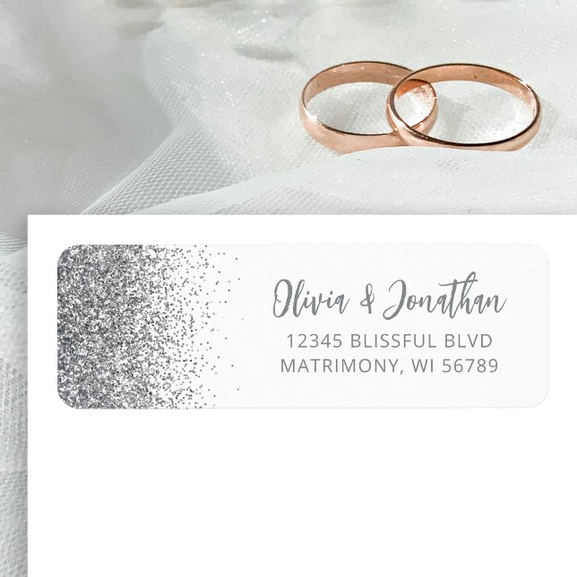 Silver Glitter Script White Wedding Return Address Label (Creator Uploaded)
