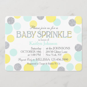 Silver Glitter Seafoam Yellow Dots Baby Sprinkle Invitation