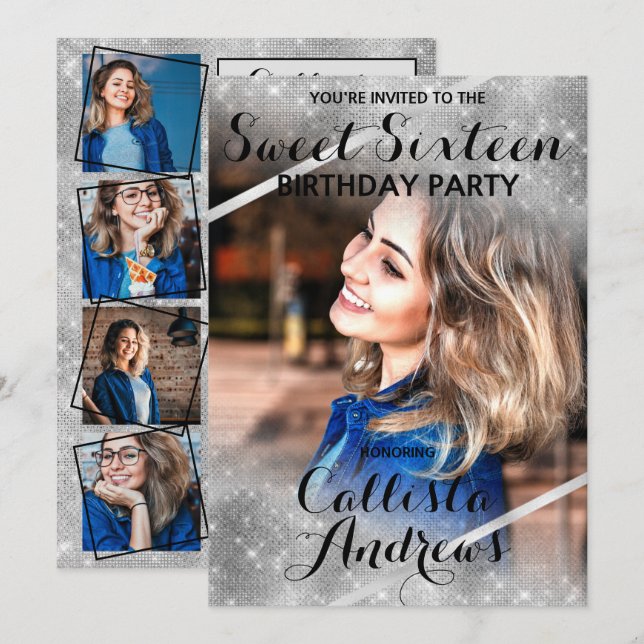 Silver Glitter Sequins Corners Photo Sweet 16 Invitation (Front/Back)