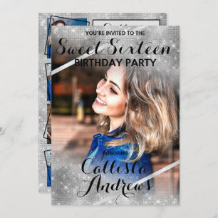 Silver Glitter Sequins Corners Photo Sweet 16 Invitation