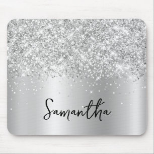 Silver Glitter Shimmer Glam Name Mouse Pad