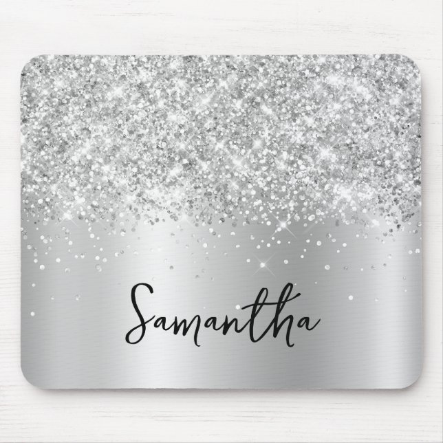 Silver Glitter Shimmer Glam Name Mouse Pad (Front)