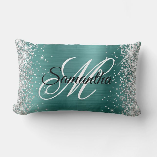 Silver Glitter Shiny Aqua Teal Foil Fancy Monogram Lumbar Cushion (Front)