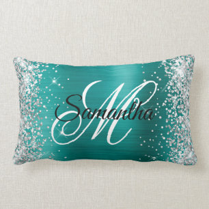 Silver Glitter Shiny Aqua Teal Foil Fancy Monogram Lumbar Cushion