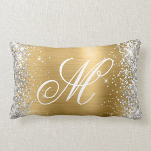 Silver Glitter Shiny Gold Foil Fancy Monogrammed Lumbar Cushion
