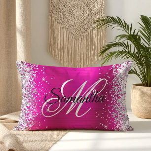Silver Glitter Shiny Hot Pink Foil Fancy Monogram Lumbar Cushion