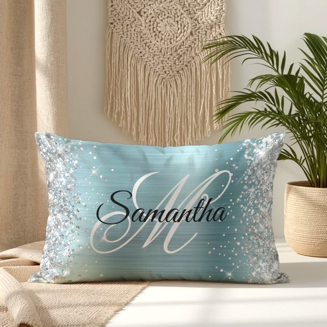 Silver Glitter Shiny Light Blue Foil Monogram Lumbar Cushion (Silver Glitter Shiny Light Blue Foil Monogram Lumbar Pillow)