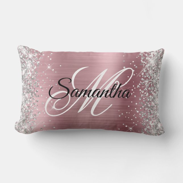 Silver Glitter Shiny Pink Foil Monogram Lumbar Cushion (Front)