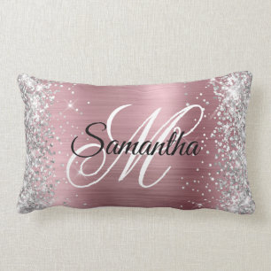 Silver Glitter Shiny Pink Foil Monogram Lumbar Cushion