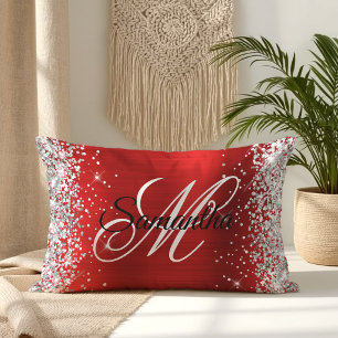 Silver Glitter Shiny Red Foil Fancy Monogram Lumbar Cushion