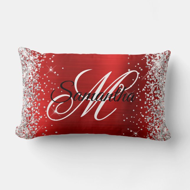 Silver Glitter Shiny Red Foil Fancy Monogram Lumbar Cushion (Front)