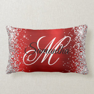 Silver Glitter Shiny Red Foil Fancy Monogram Lumbar Cushion