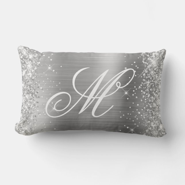Silver Glitter Shiny Satin Foil Fancy Monogrammed Lumbar Cushion (Front)