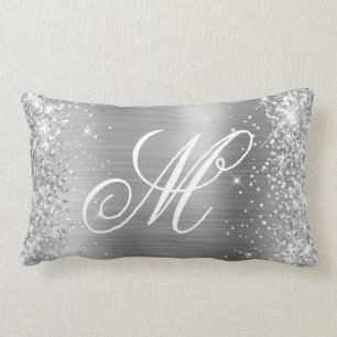 Silver Glitter Shiny Satin Foil Fancy Monogrammed Lumbar Cushion