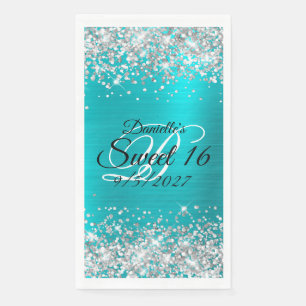 Silver Glitter Shiny Turquoise Blue Foil Sweet 16 Napkin