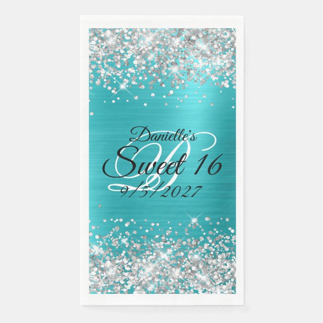 Silver Glitter Shiny Turquoise Blue Foil Sweet 16 Napkin (Front)