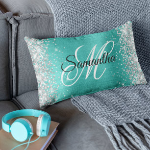 Silver Glitter Shiny Turquoise Foil Fancy Monogram Lumbar Cushion