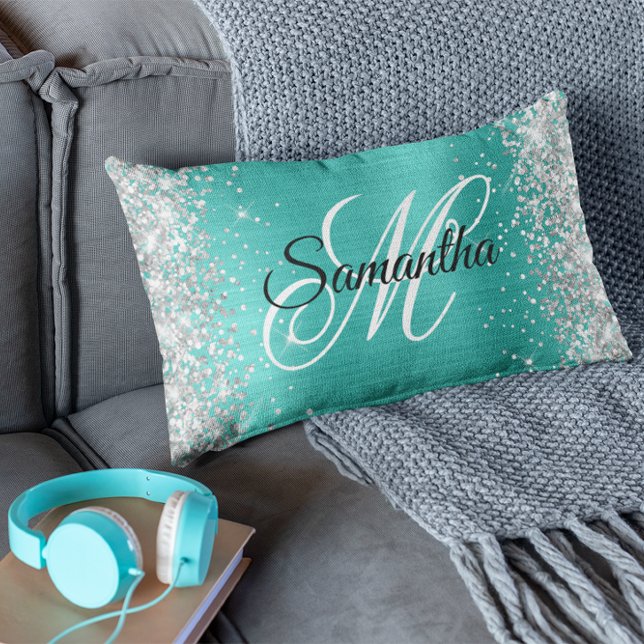 Silver Glitter Shiny Turquoise Foil Fancy Monogram Lumbar Cushion (Creator Uploaded)